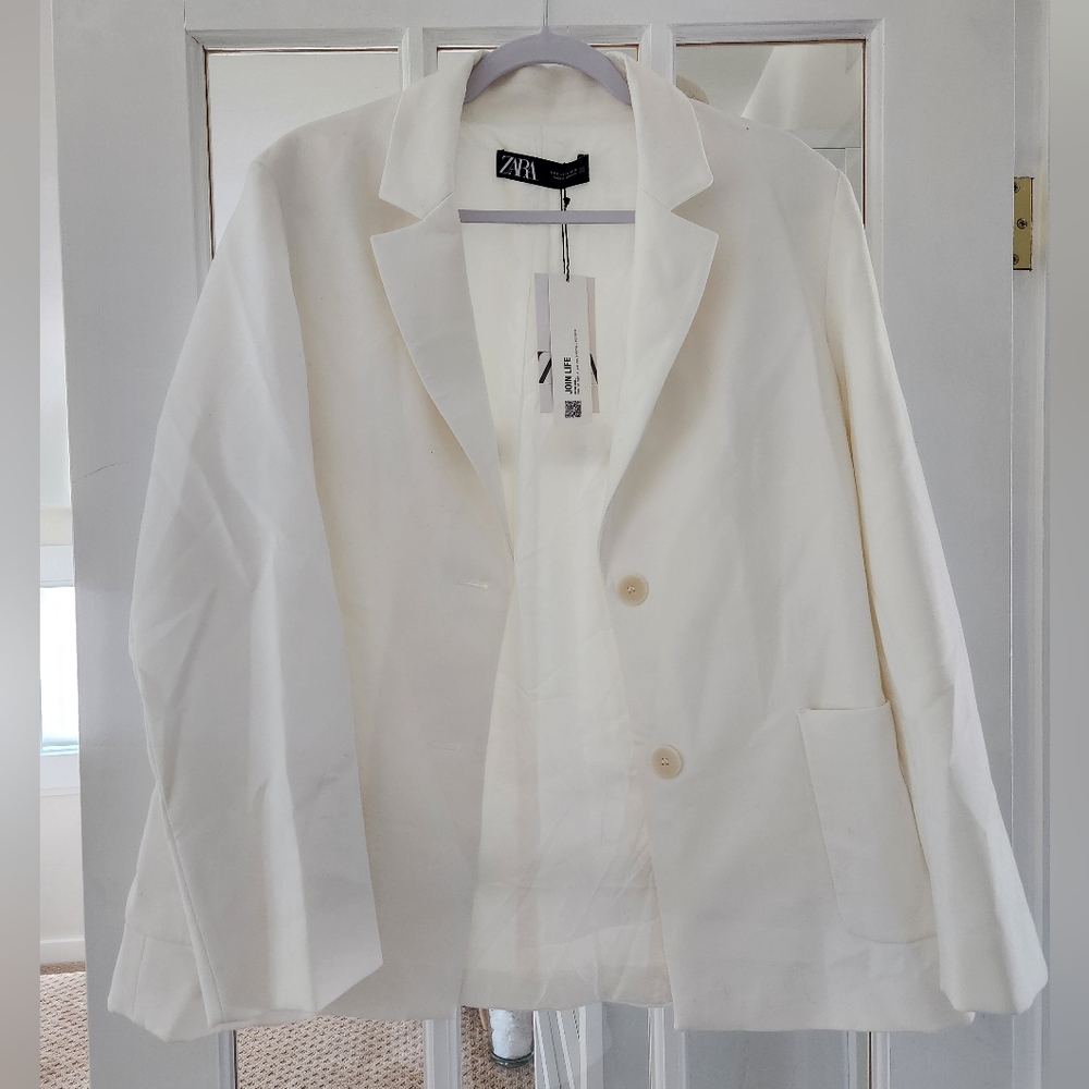 ZARA Straight Cut Tailored Blazer Jacket with Pockets Size Small White/Ecru